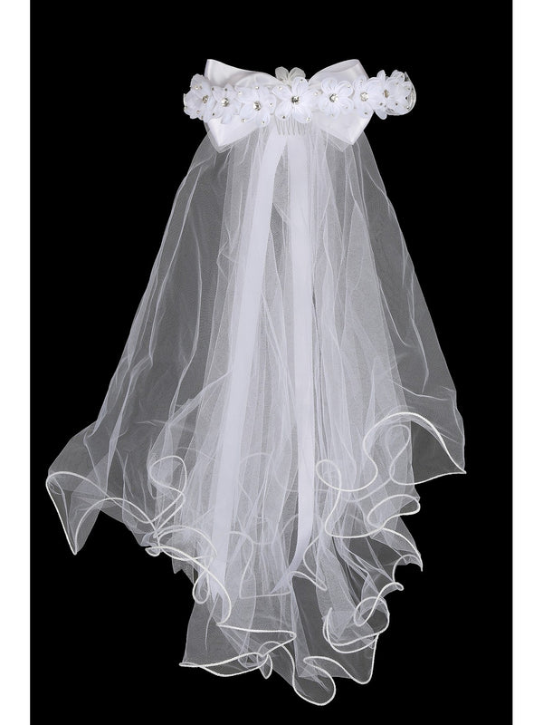 Kids Dream Girls White Gem Floral Back Bow Comb 21" Communion Flower Girl Veil - SophiasStyle.com